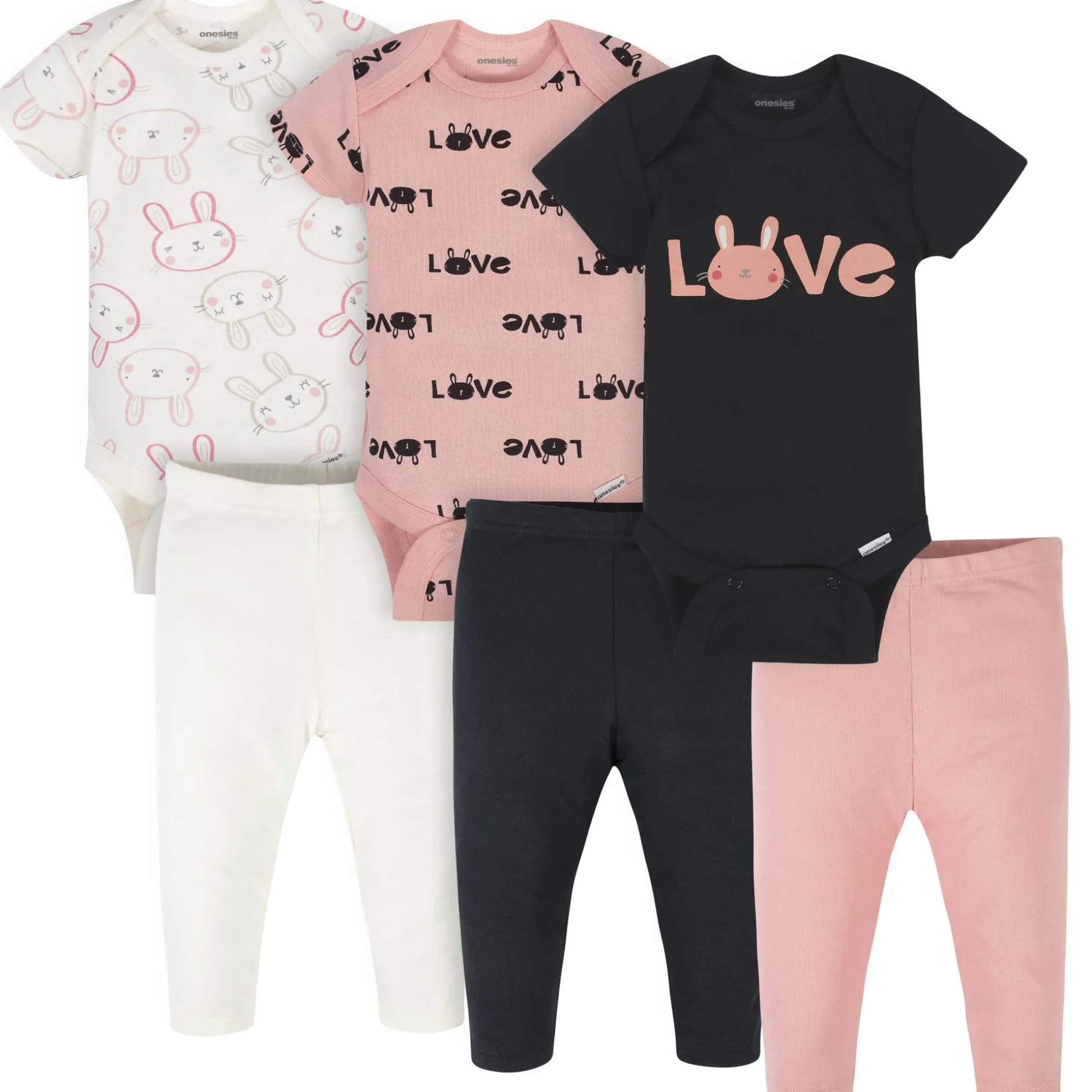 6-Piece Baby Girls Bunny Onesies® Brand Bodysuits & Pants Set