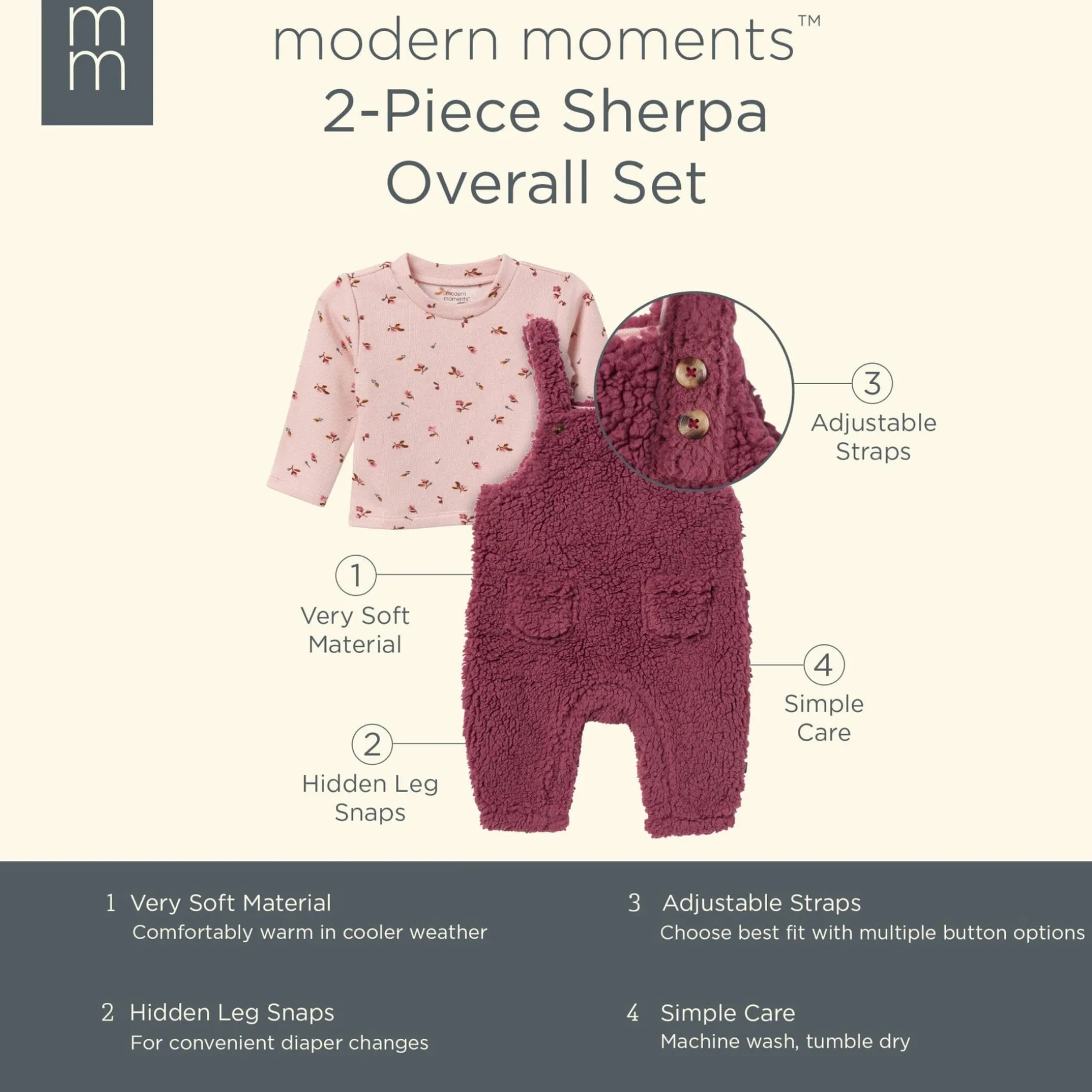 2-Piece Baby Girls Dark Rose Microplush Overalls