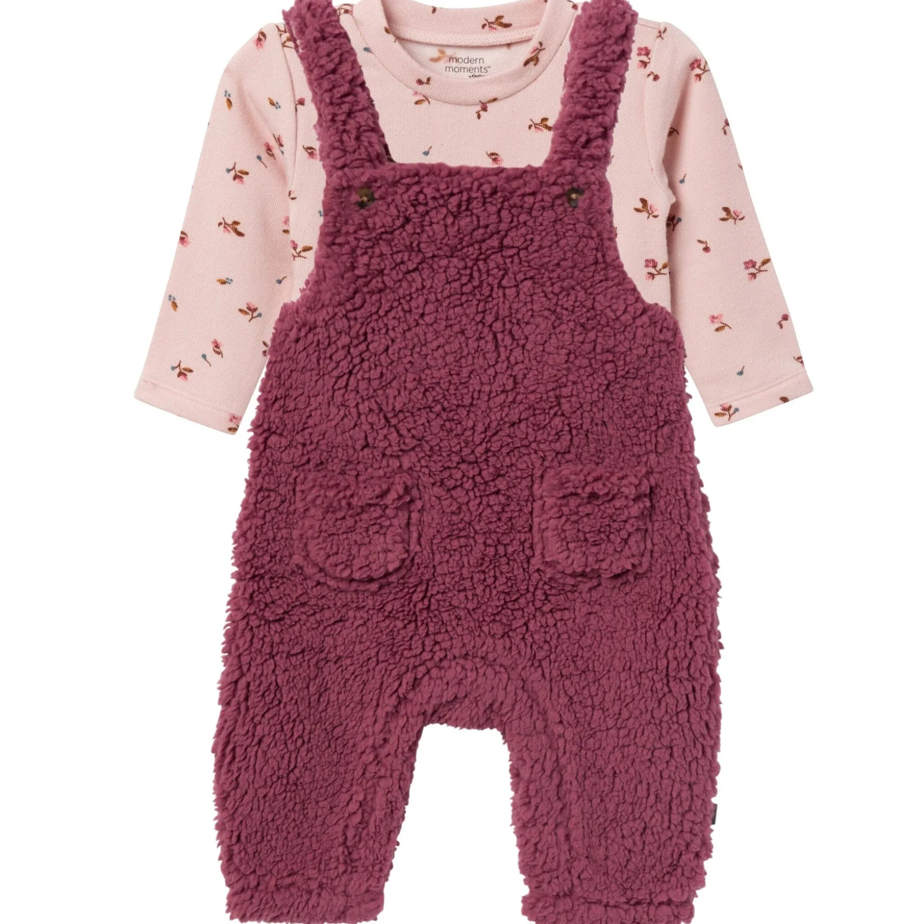 2-Piece Baby Girls Dark Rose Microplush Overalls