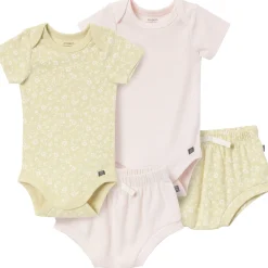 4-Piece Baby Girls Dusty Yellow Floral Short Sleeve Bodysuits and Shorts Set