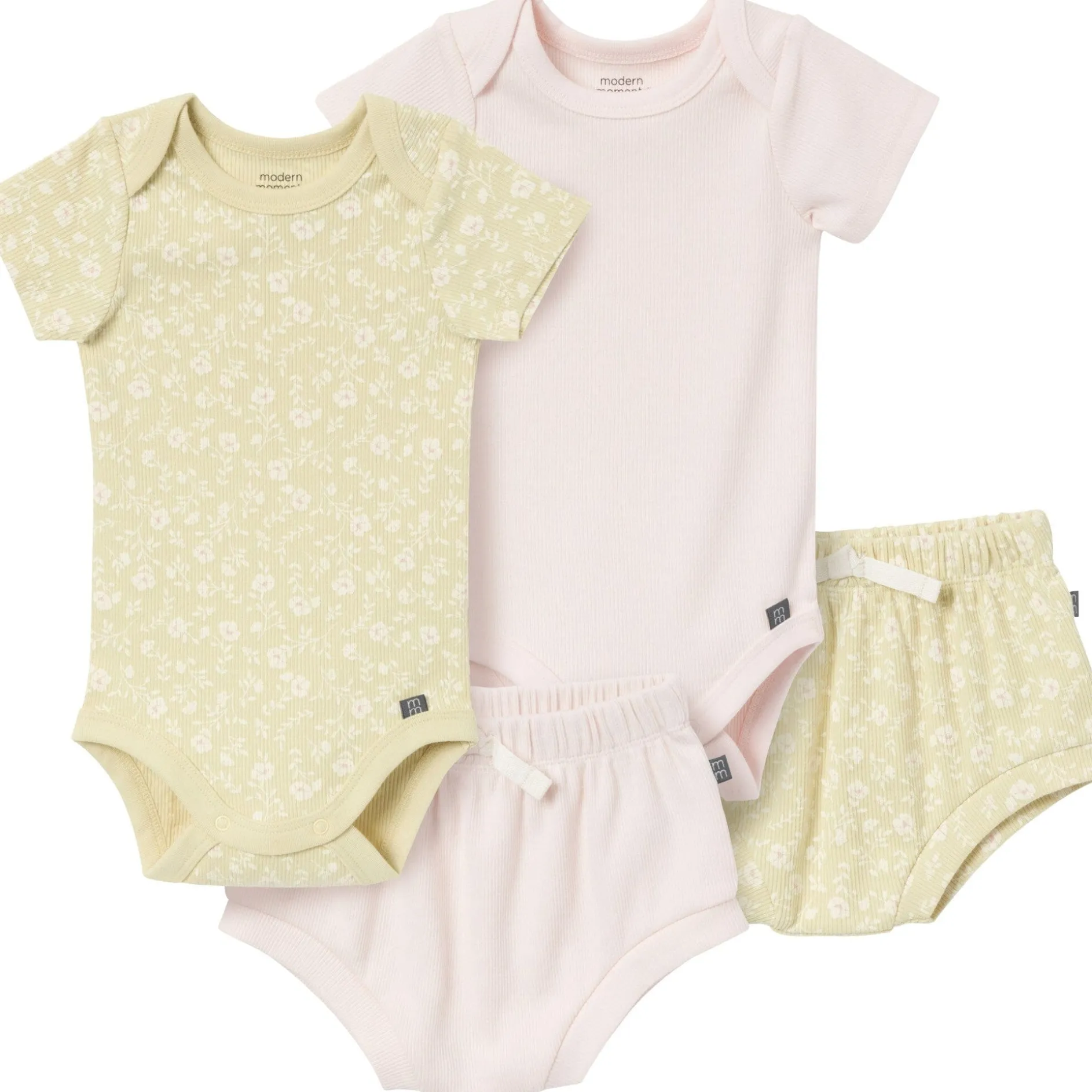 4-Piece Baby Girls Dusty Yellow Floral Short Sleeve Bodysuits and Shorts Set