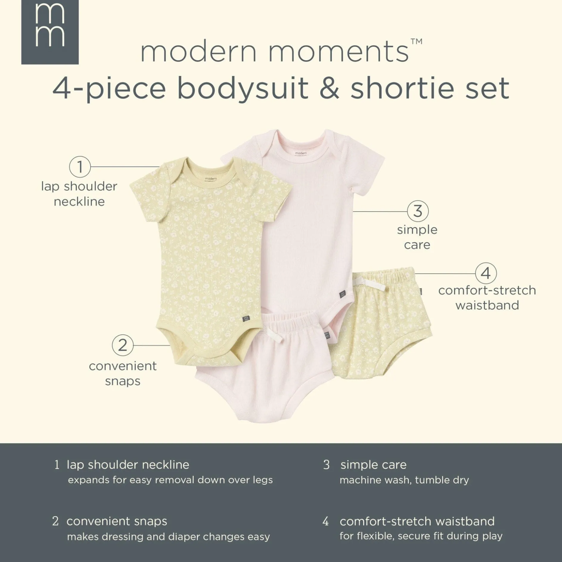 4-Piece Baby Girls Dusty Yellow Floral Short Sleeve Bodysuits and Shorts Set