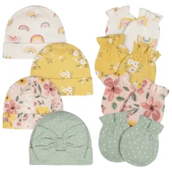 8-Piece Baby Girls Golden Floral No Scratch Mittens & Caps Set