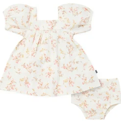 2-Piece Baby Girls Ivory Bunches Floral Puffed Sleeve Dress and Diaper Cover Set