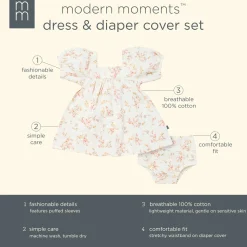 2-Piece Baby Girls Ivory Bunches Floral Puffed Sleeve Dress and Diaper Cover Set