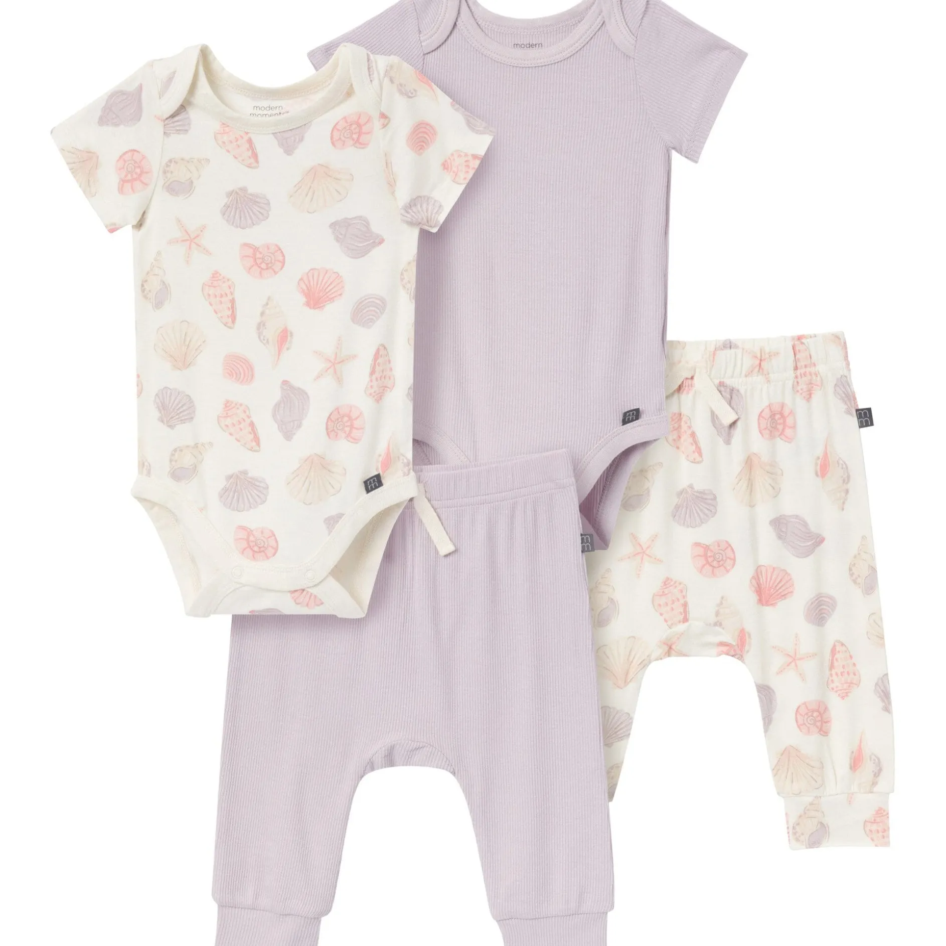 4-Piece Baby Girls Ivory Seashells Viscose Bodysuits and Pants Set
