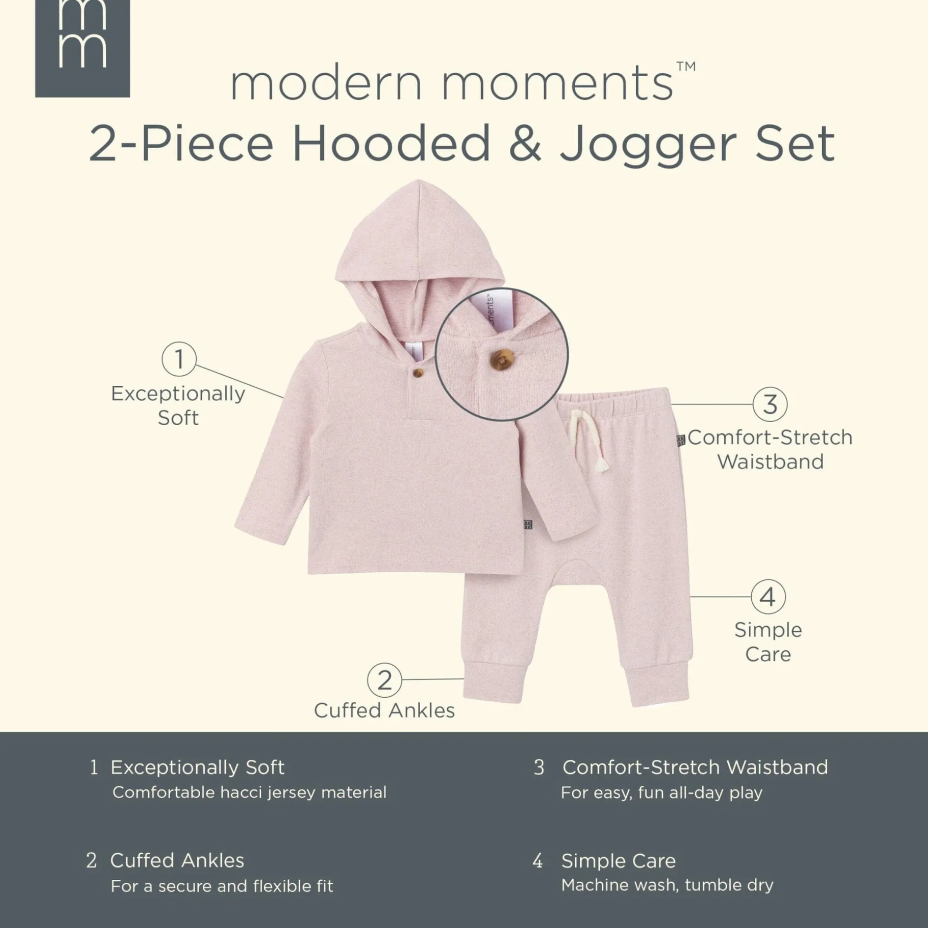 2-Piece Baby Girls Light Pink Hooded Brushed Hacci Set