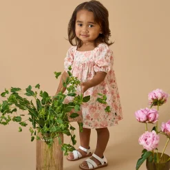 2-Piece Baby Girls Light Rose Watercolor Floral Puffed Sleeve Dress and Diaper Cover