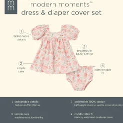 2-Piece Baby Girls Light Rose Watercolor Floral Puffed Sleeve Dress and Diaper Cover