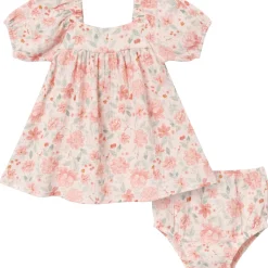 2-Piece Baby Girls Light Rose Watercolor Floral Puffed Sleeve Dress and Diaper Cover