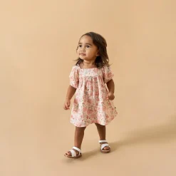 2-Piece Baby Girls Light Rose Watercolor Floral Puffed Sleeve Dress and Diaper Cover
