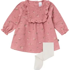 2-Piece Baby Girls Old Rose Floral Dress and Tights Set