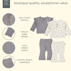 4-Piece Baby Girls Pear Henley Ruffle Tops and Pants Set