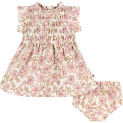 2-Piece Baby Girls Pink Floral Smocked Dress and Diaper Cover