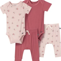 4-Piece Baby Girls Pink Roses Bodysuits and Pants Viscose Set