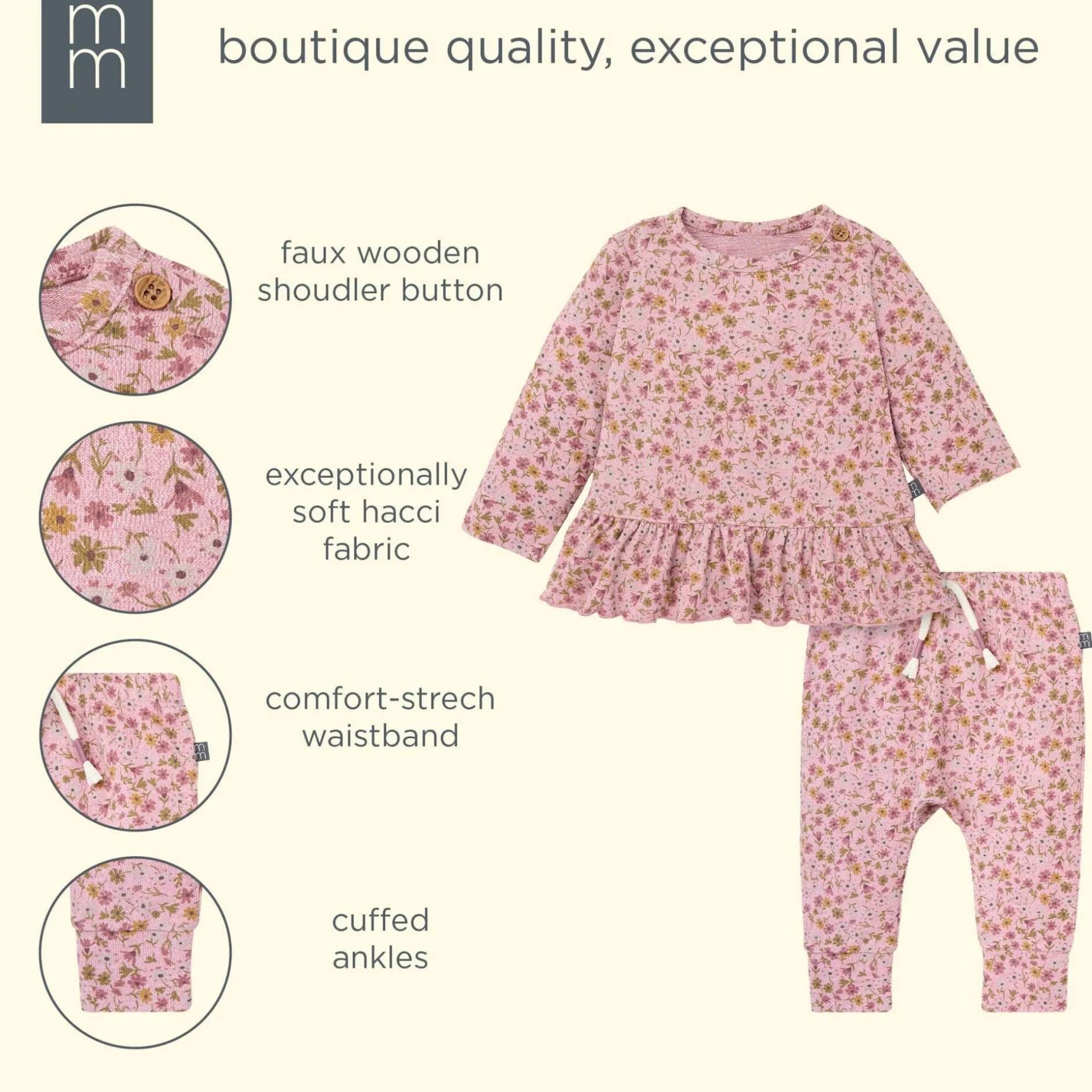 2-Piece Baby Girls Rose Ditsy Floral Hacci Peplum Top and Pants
