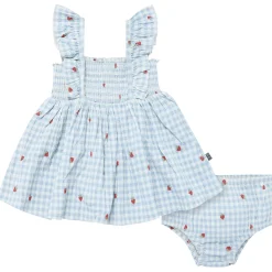 2-Piece Baby Girls Strawberry Gingham Ruffle Sleeve Dress and Diaper Cover Set