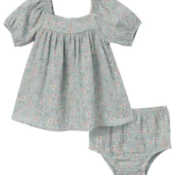 2-Piece Baby Girls Teal Ditsy Puffed Sleeve Dress and Diaper Cover