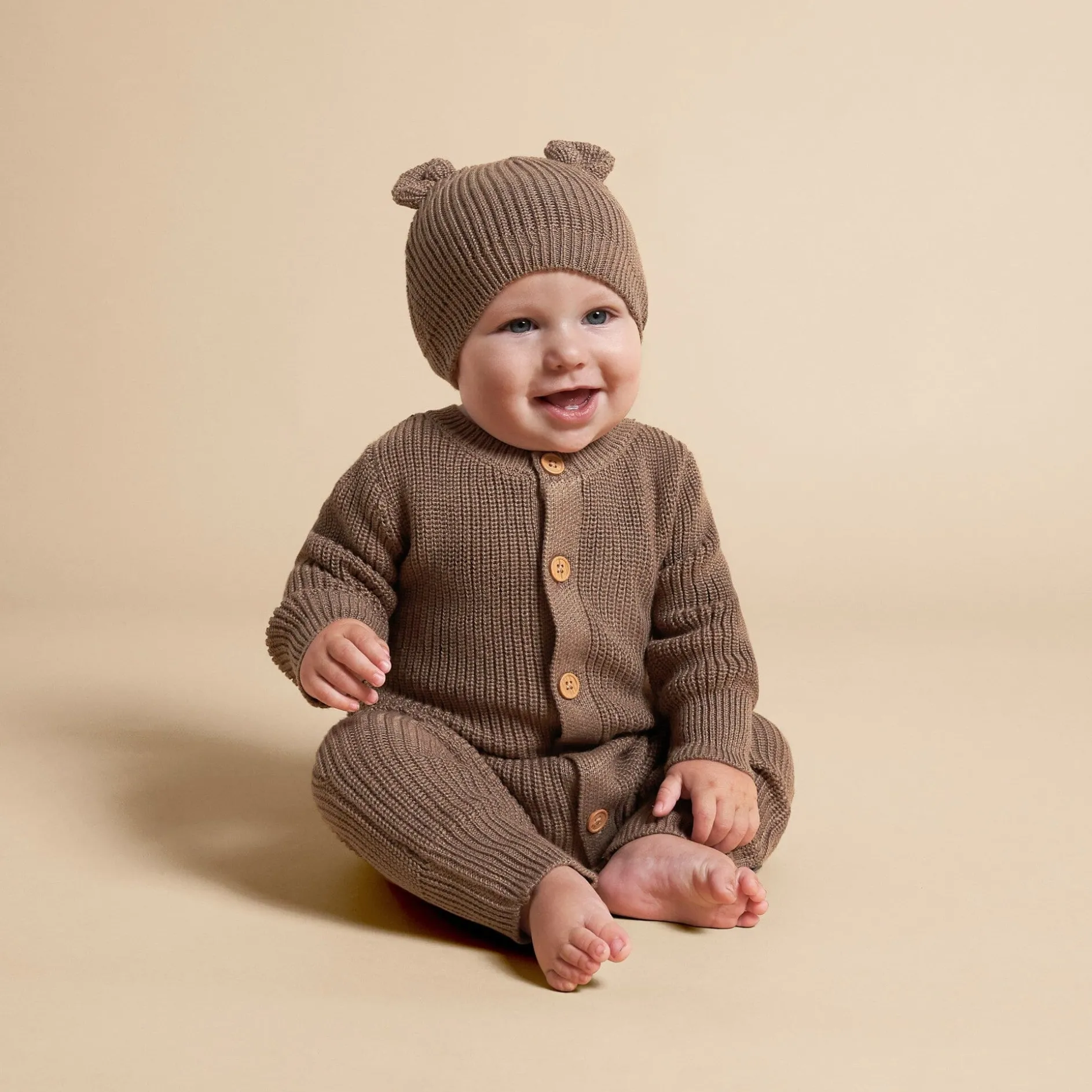 2-Piece Baby Neutral Brown Sweater Romper & Hat Set