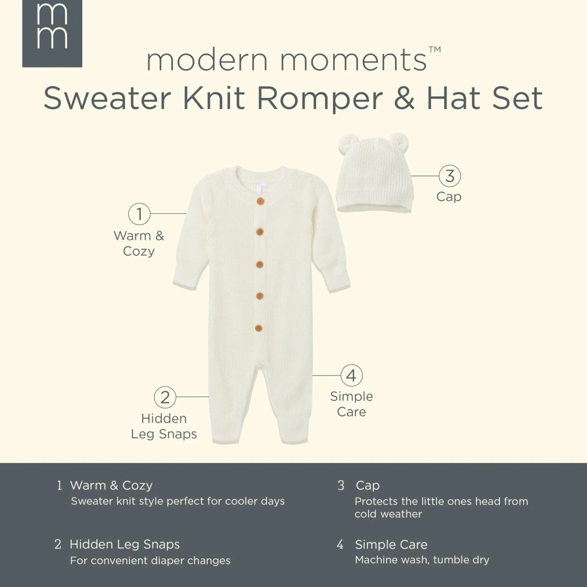 2-Piece Baby Neutral Brown Sweater Romper & Hat Set