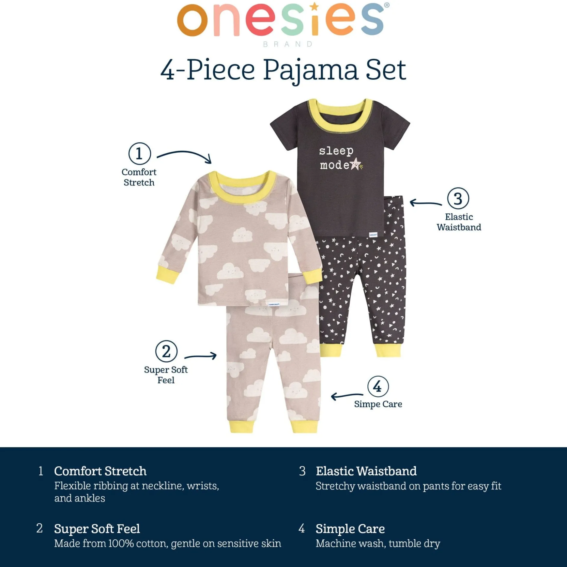 4-Piece Baby Neutral Clouds Pajamas Sets