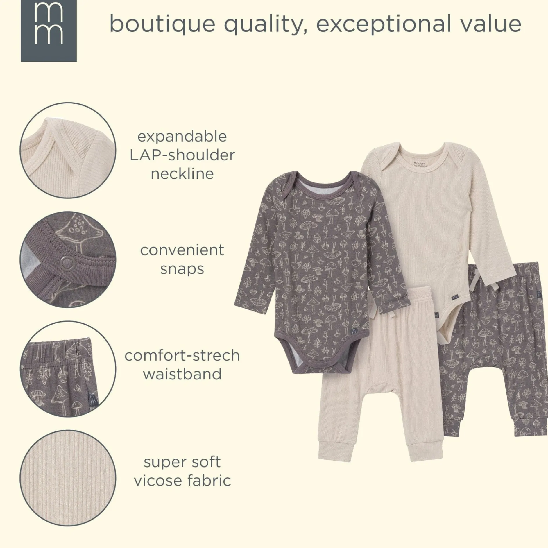 4-Piece Baby Neutral Gray Viscose Bodysuits and Pants Set