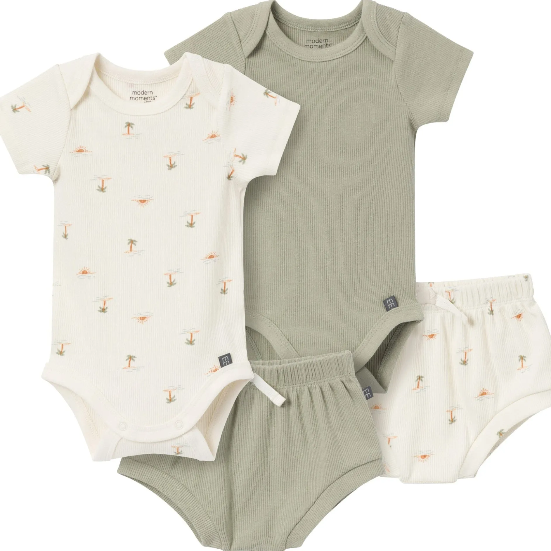 4-Piece Baby Neutral Ivory Mini Island Short Sleeve Bodysuits and Shorts Set