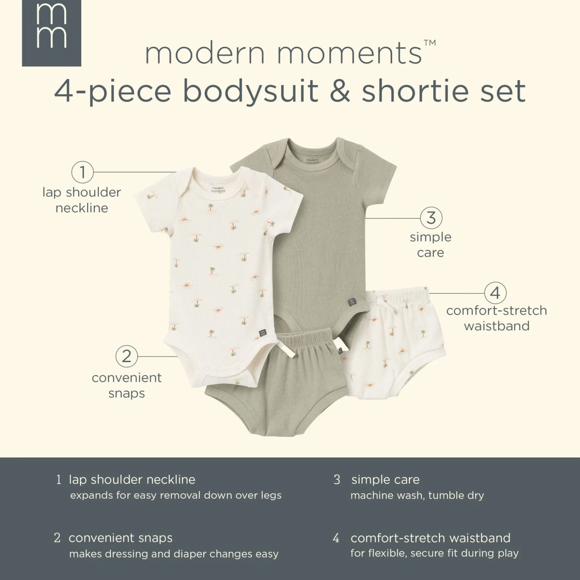4-Piece Baby Neutral Ivory Mini Island Short Sleeve Bodysuits and Shorts Set