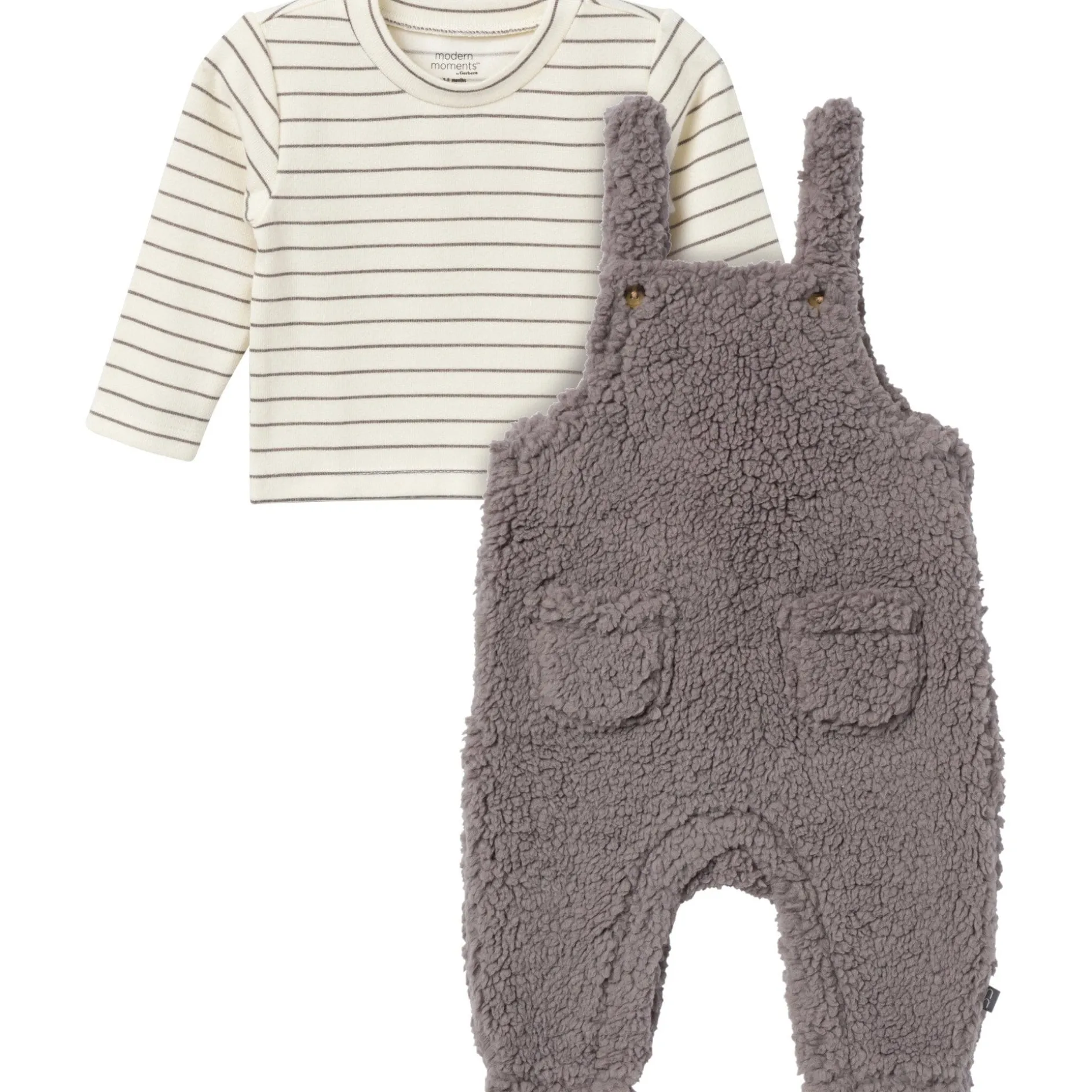 2-Piece Baby Neutral Medium Gray Microplush Overalls