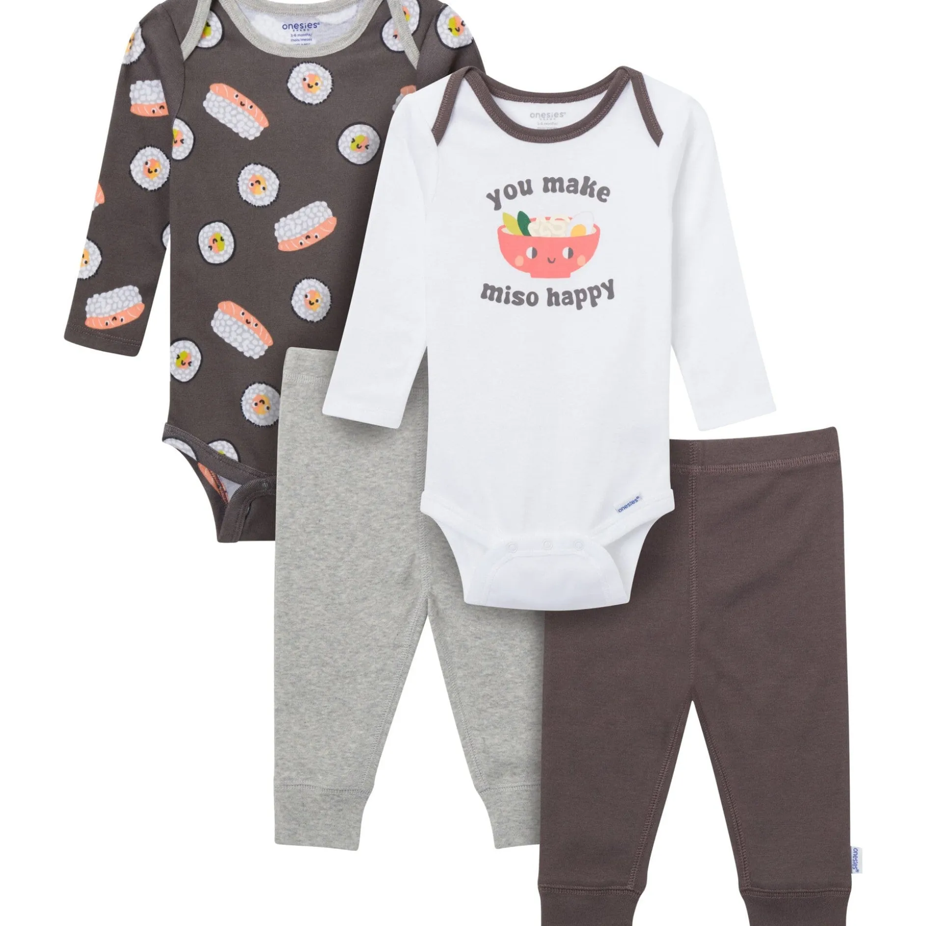 4-Piece Baby Neutral Miso Happy Onesies® Bodysuits and Pants