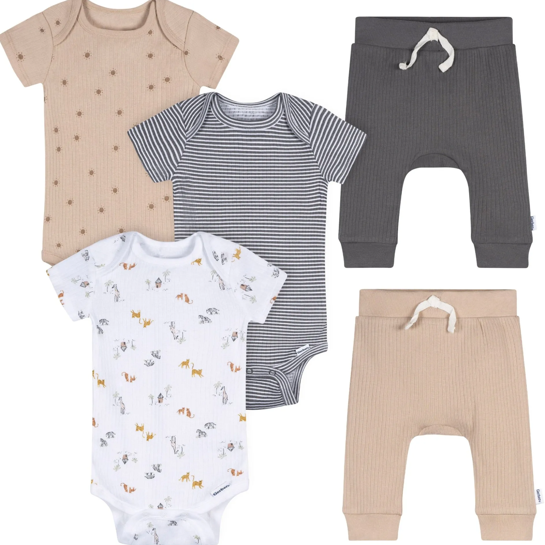 5-Piece Baby Neutral Safari Bodysuits & Pants Set