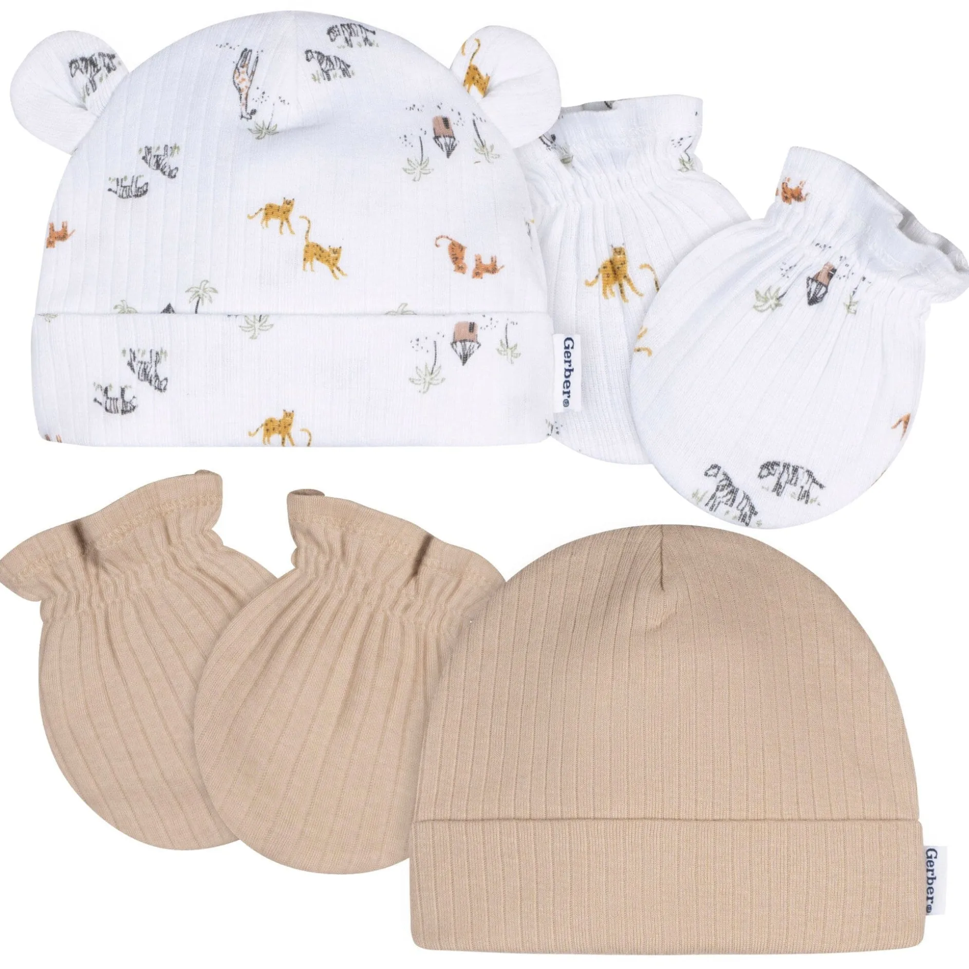 4-Piece Baby Neutral Safari Cap and Mitten Set