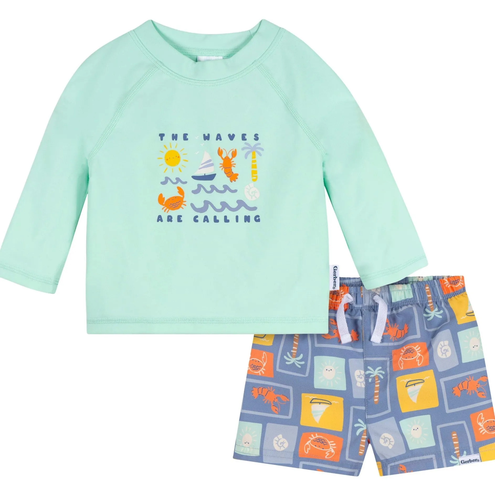 2-Piece Baby & Toddler Boys UPF 50+ Green Stamps Rash Guard & Swim Trunks Set