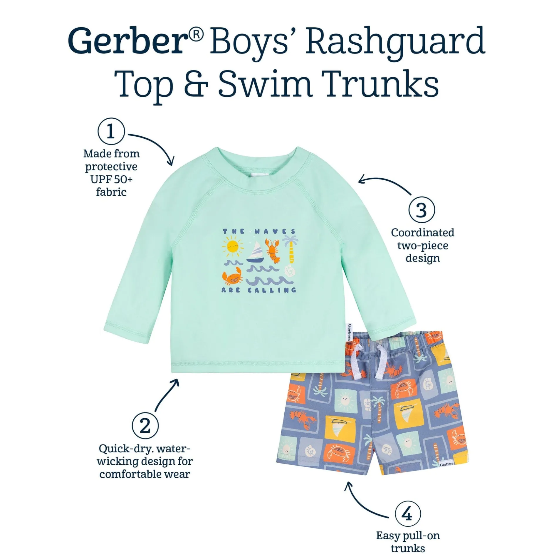 2-Piece Baby & Toddler Boys UPF 50+ Green Stamps Rash Guard & Swim Trunks Set