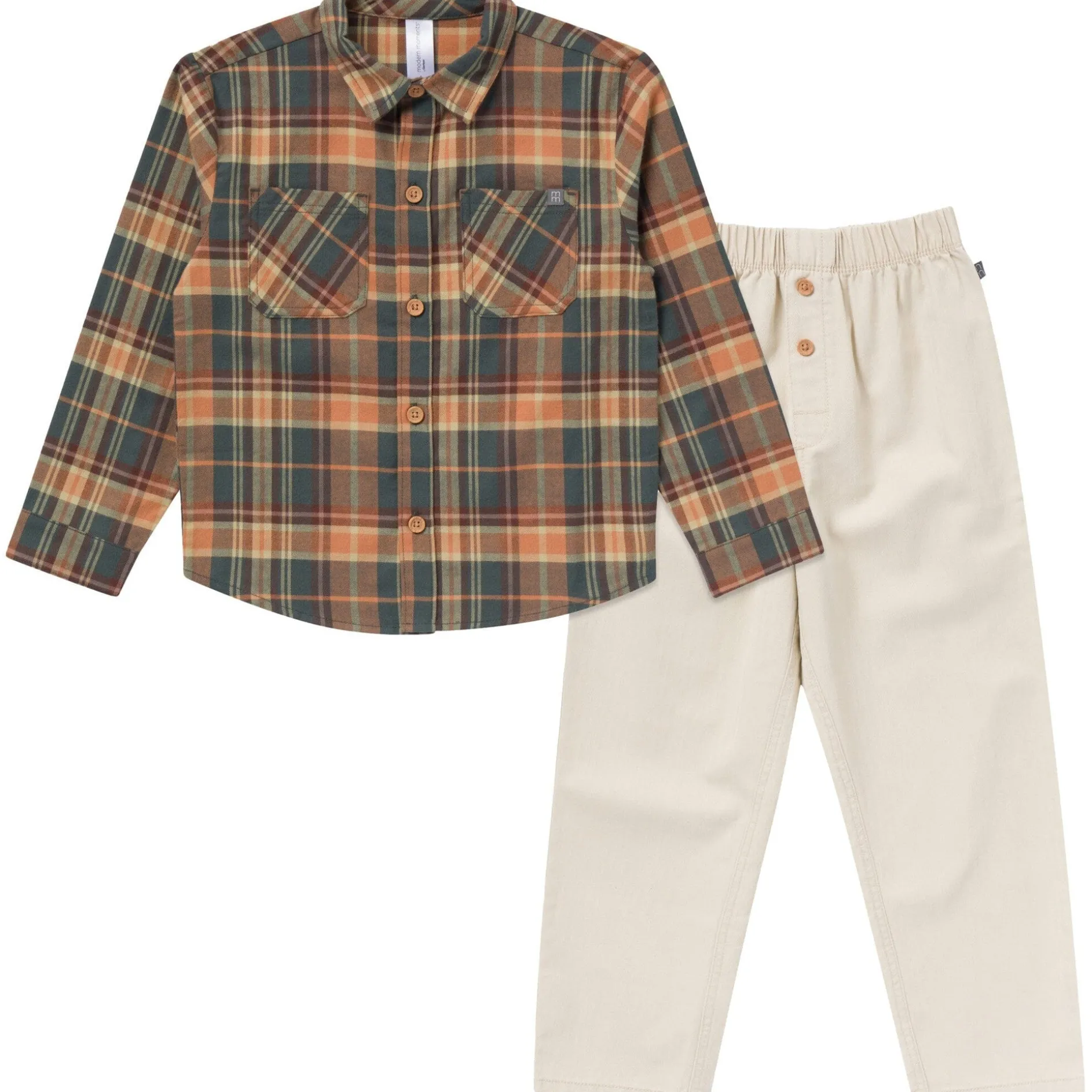 2-Piece Boys Orange Plaid Shirt and Pant Set