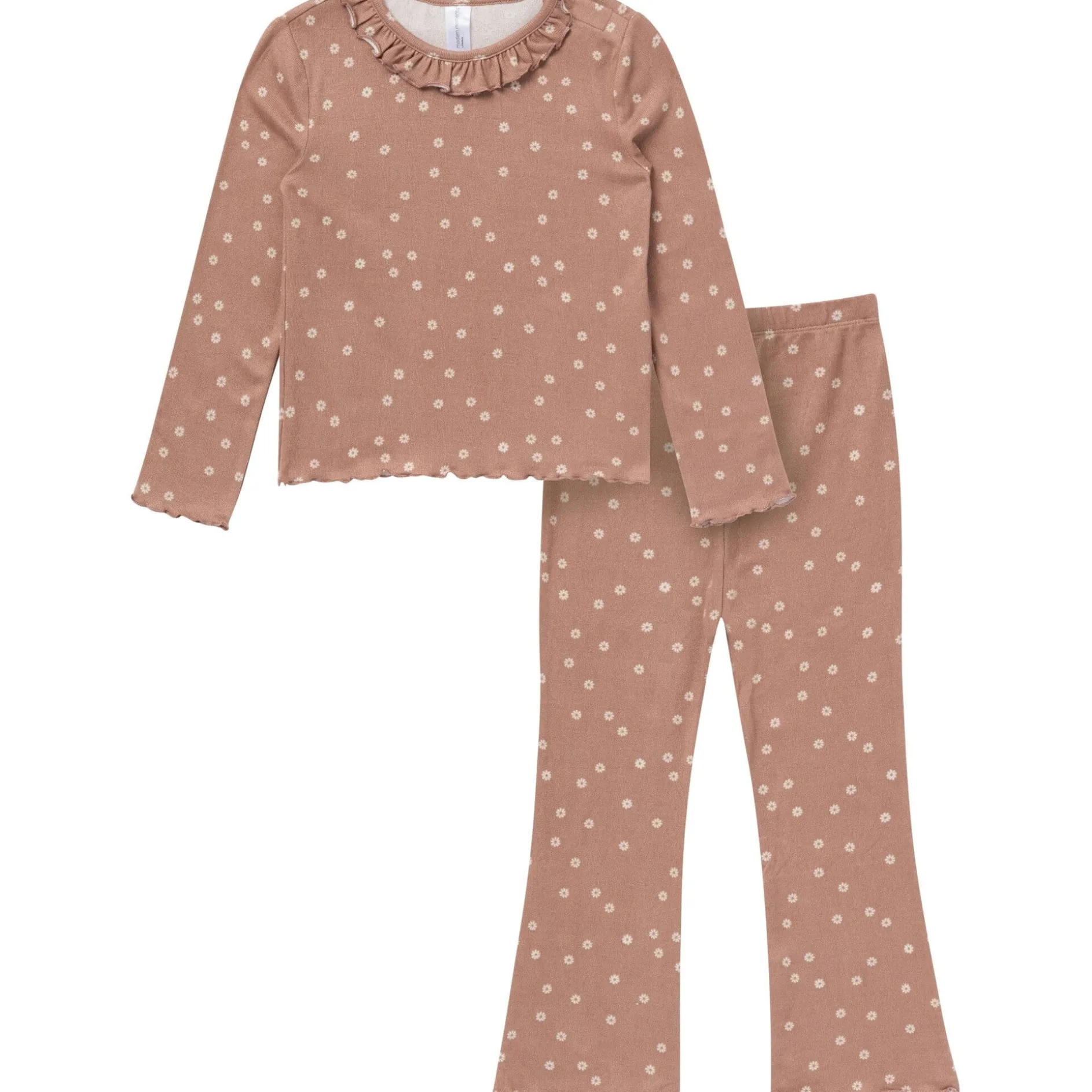 2-Piece Girls Brown Daisies Ruffle Collar Top and Flare Pant Set