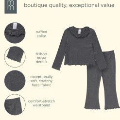 2-Piece Girls Dark Grey Ruffle Collar Top and Flare Pant Set