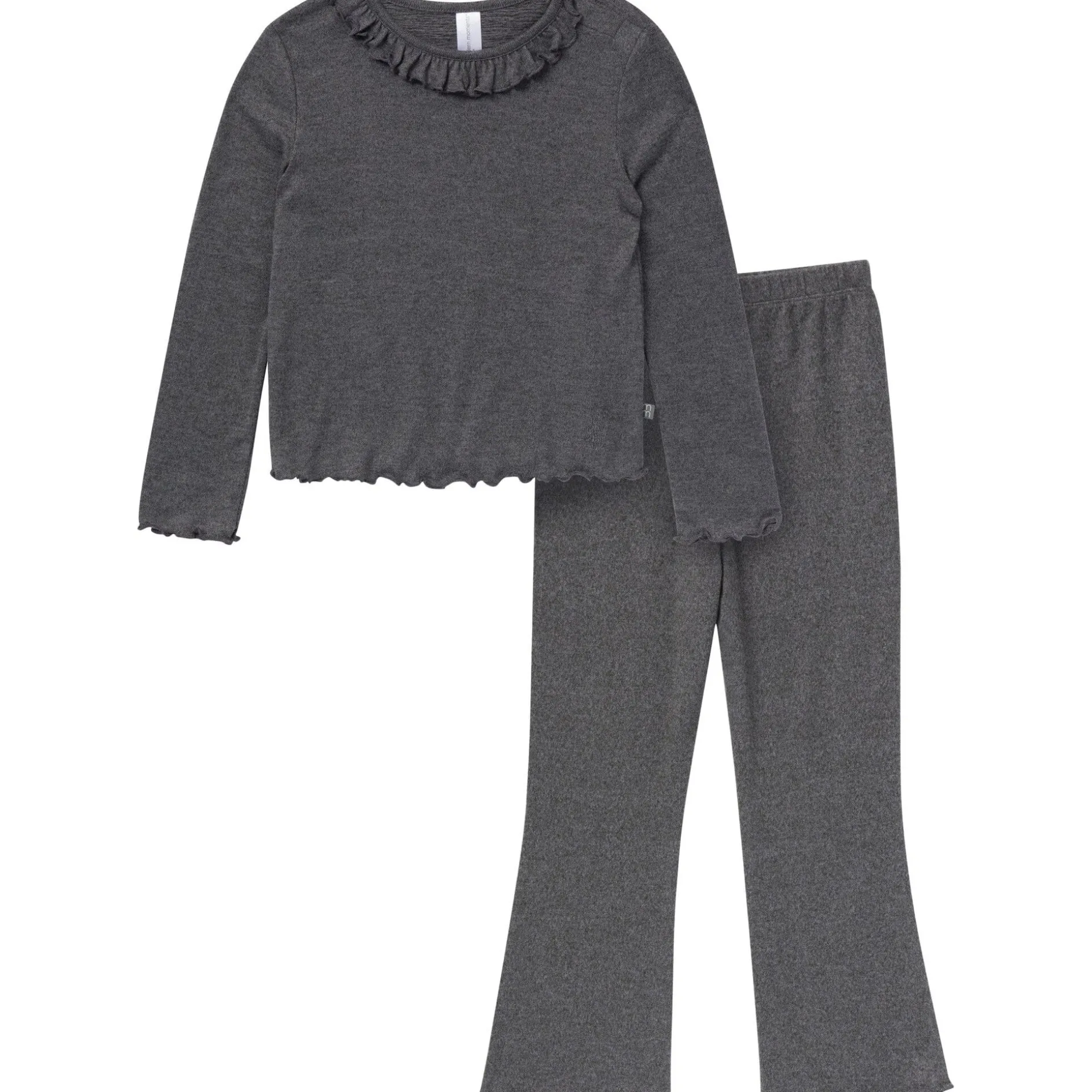 2-Piece Girls Dark Grey Ruffle Collar Top and Flare Pant Set
