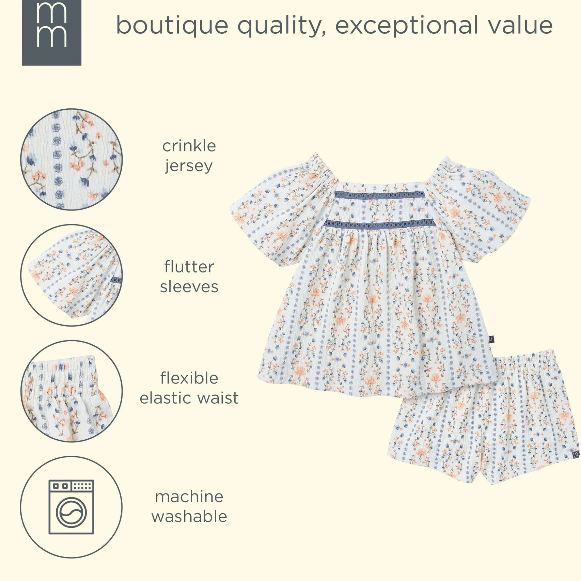 2-Piece Girls Floral Stripe Top and Shorts Set