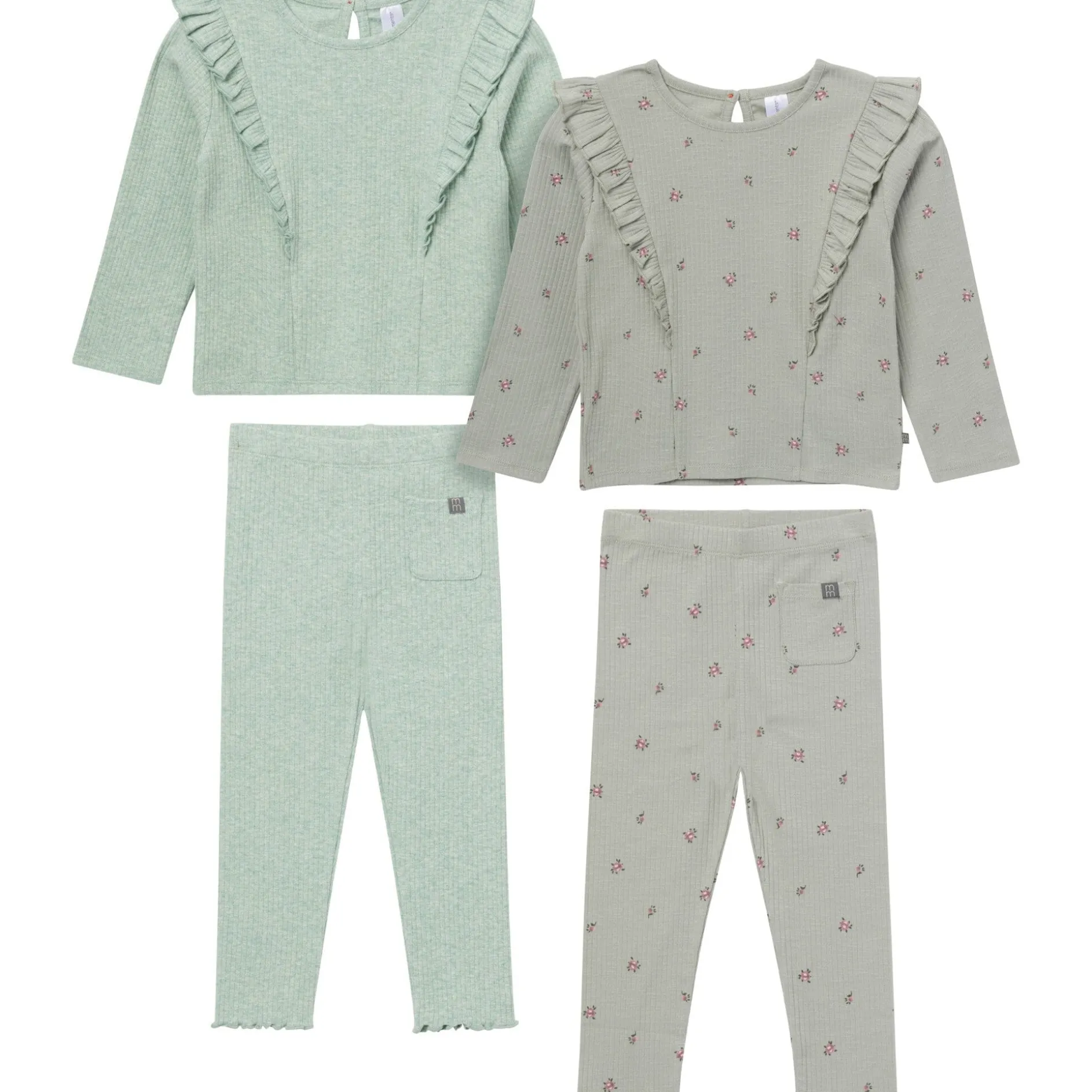 4-Piece Girls Green Floral Ruffle Tops and Leggings Set