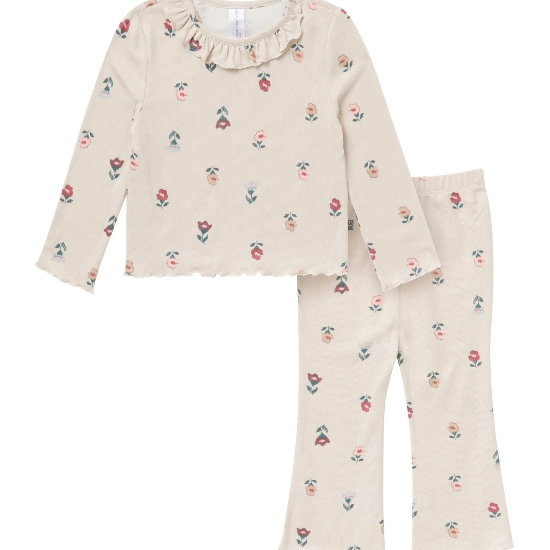2-Piece Girls Small Flowers Ruffle Collar Top and Flare Pant Set