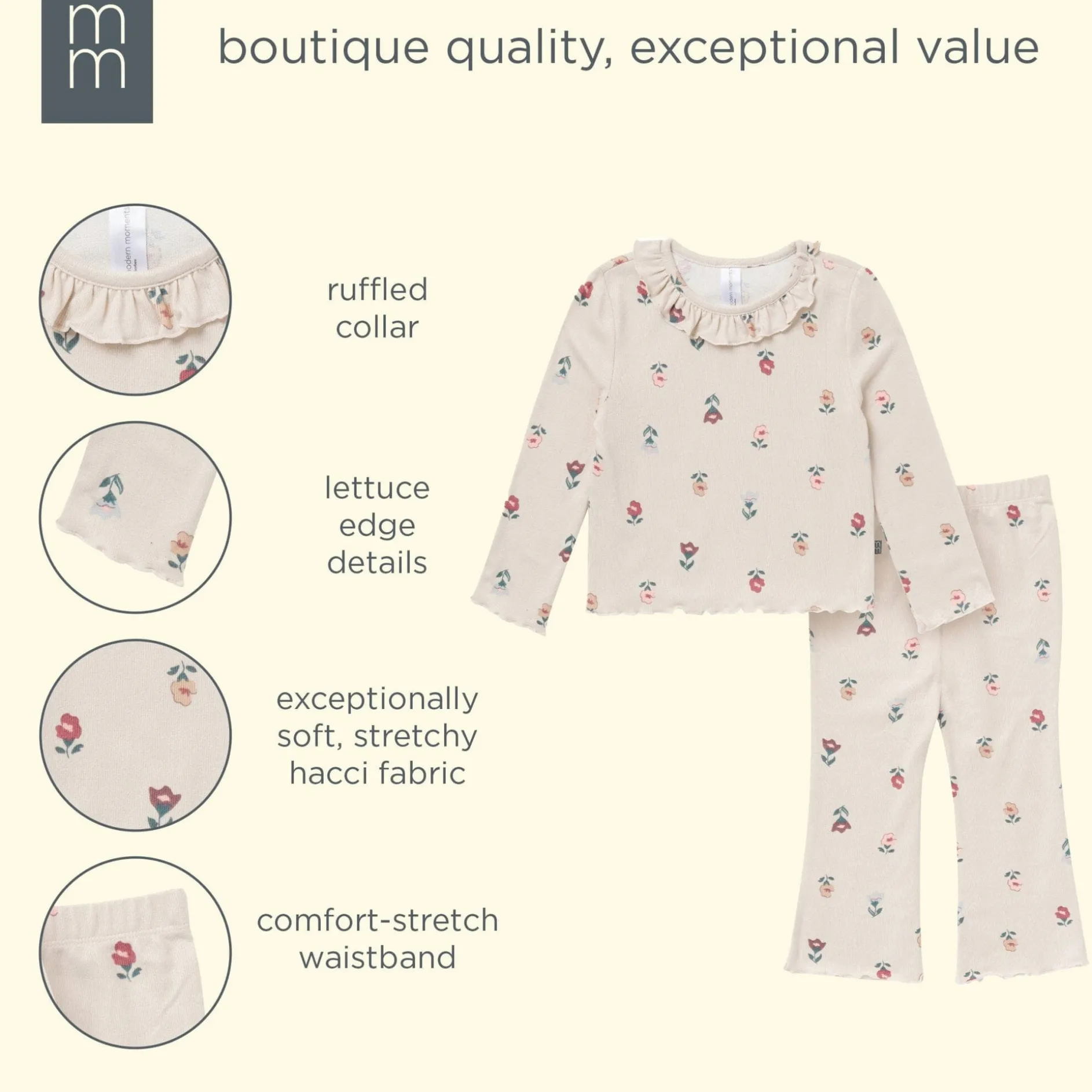 2-Piece Girls Small Flowers Ruffle Collar Top and Flare Pant Set