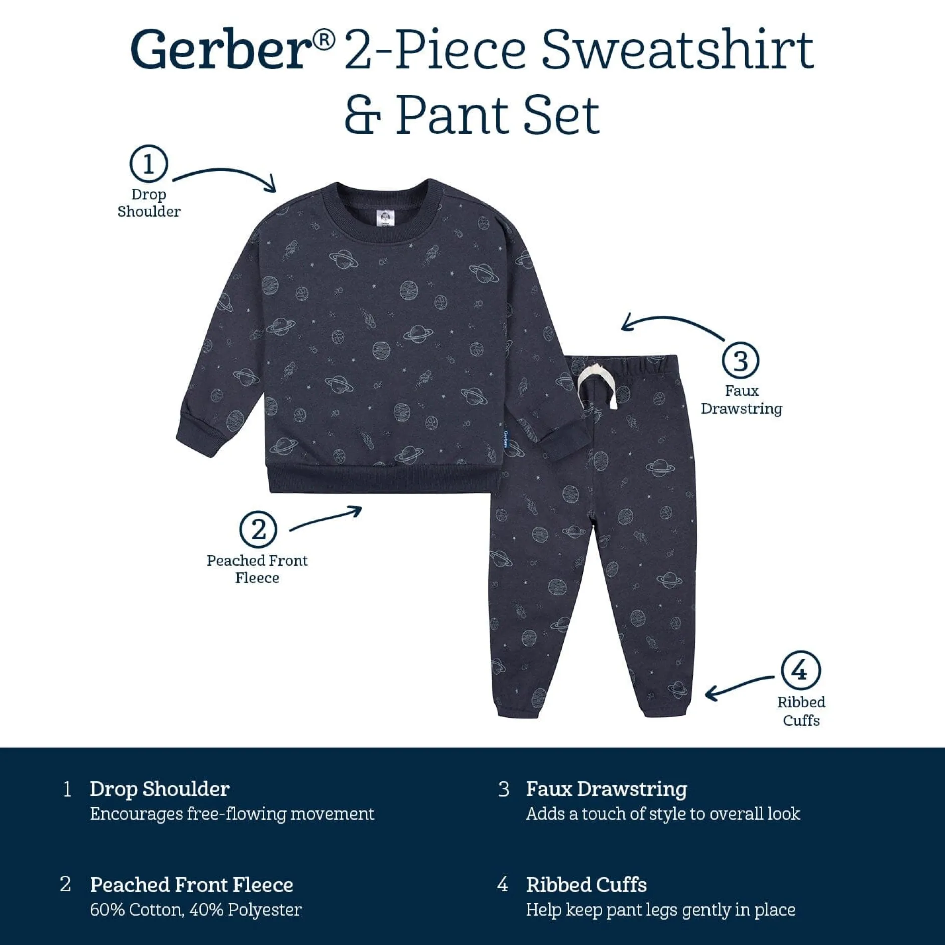 2-Piece Infant and Toddler Boys Navy Space Sweatshirt & Pant Set