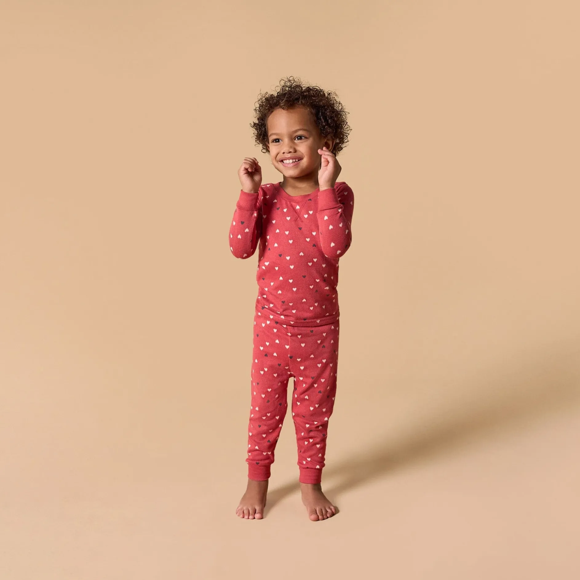 2-Piece Infant and Toddler Neutral Red Hearts Snug Fitting Hacci Pajamas