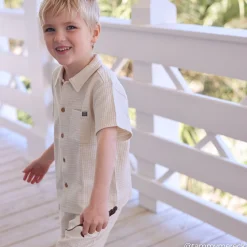 2-Piece Infant & Toddler Boys Beige Button Front Shirt and Shorts Set