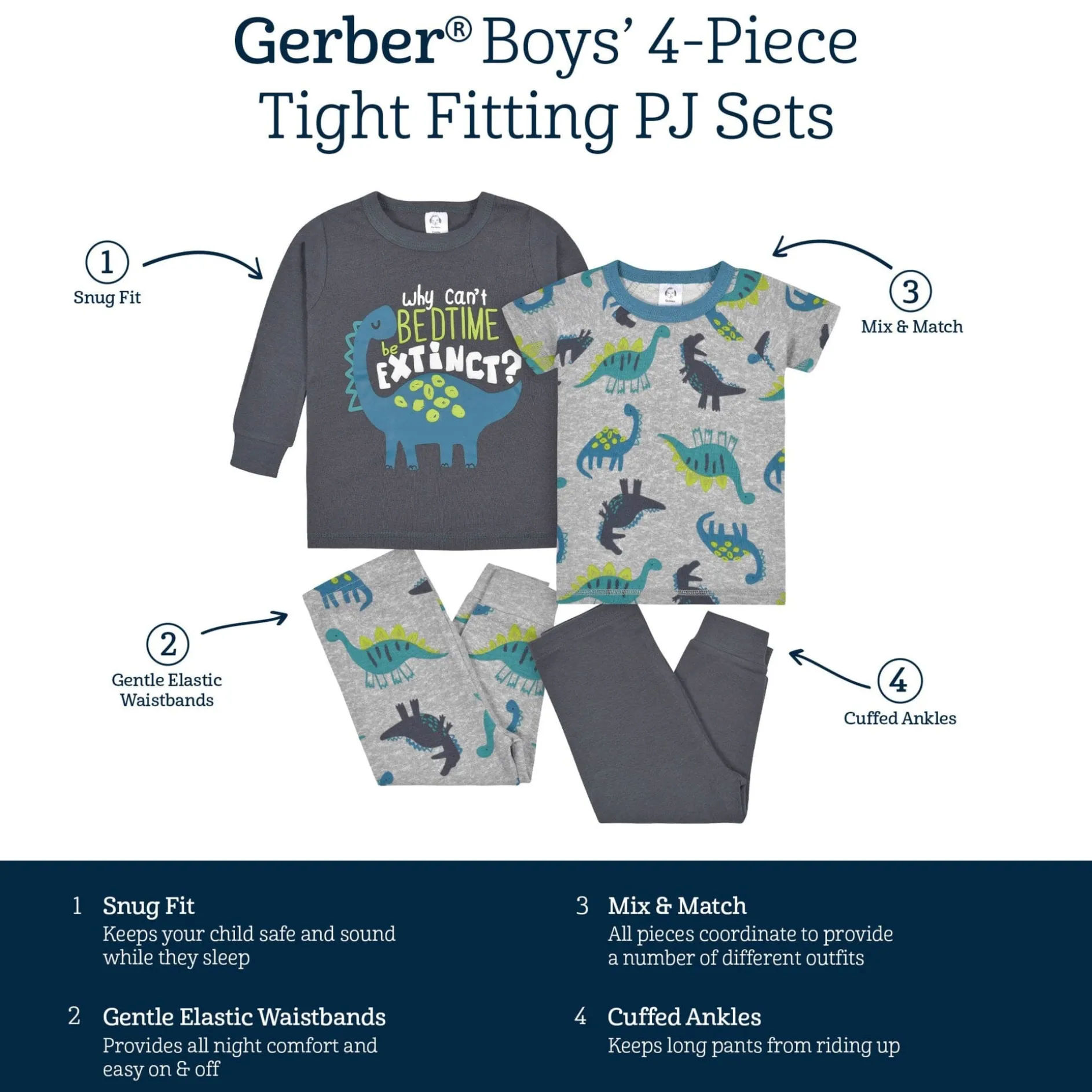 4-Piece Infant & Toddler Boys Big Dino Snug Fit Cotton Pajamas