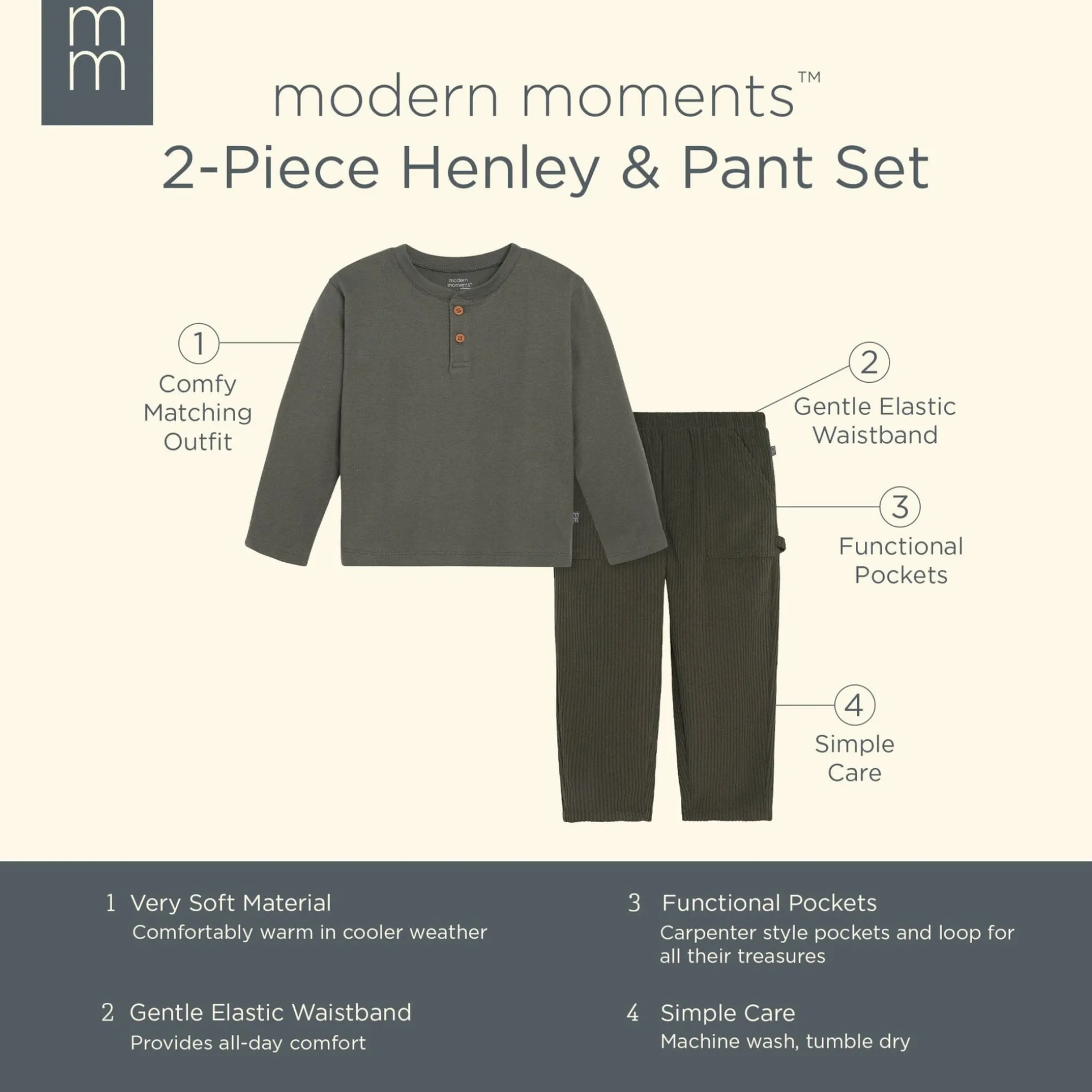 2-Piece Infant & Toddler Boys Dark Green Henley Shirt and Pant Set
