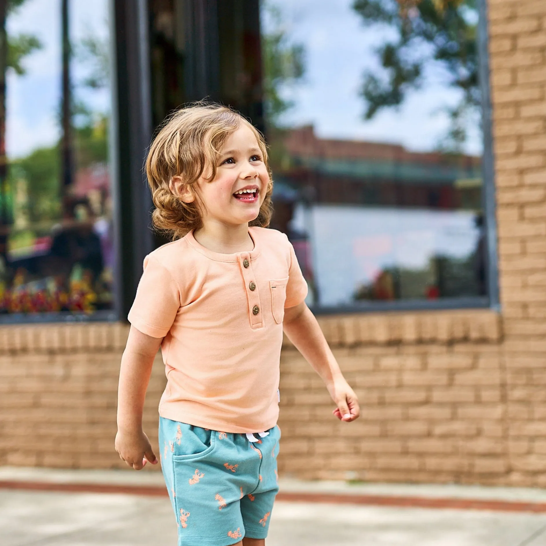 2-Piece Infant & Toddler Boys Peach Lobster Henley Top and Shorts Set