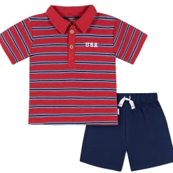 2-Piece Infant & Toddler Boys Red & Blue Stripe Polo Shirt and Shorts Set