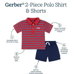2-Piece Infant & Toddler Boys Red & Blue Stripe Polo Shirt and Shorts Set